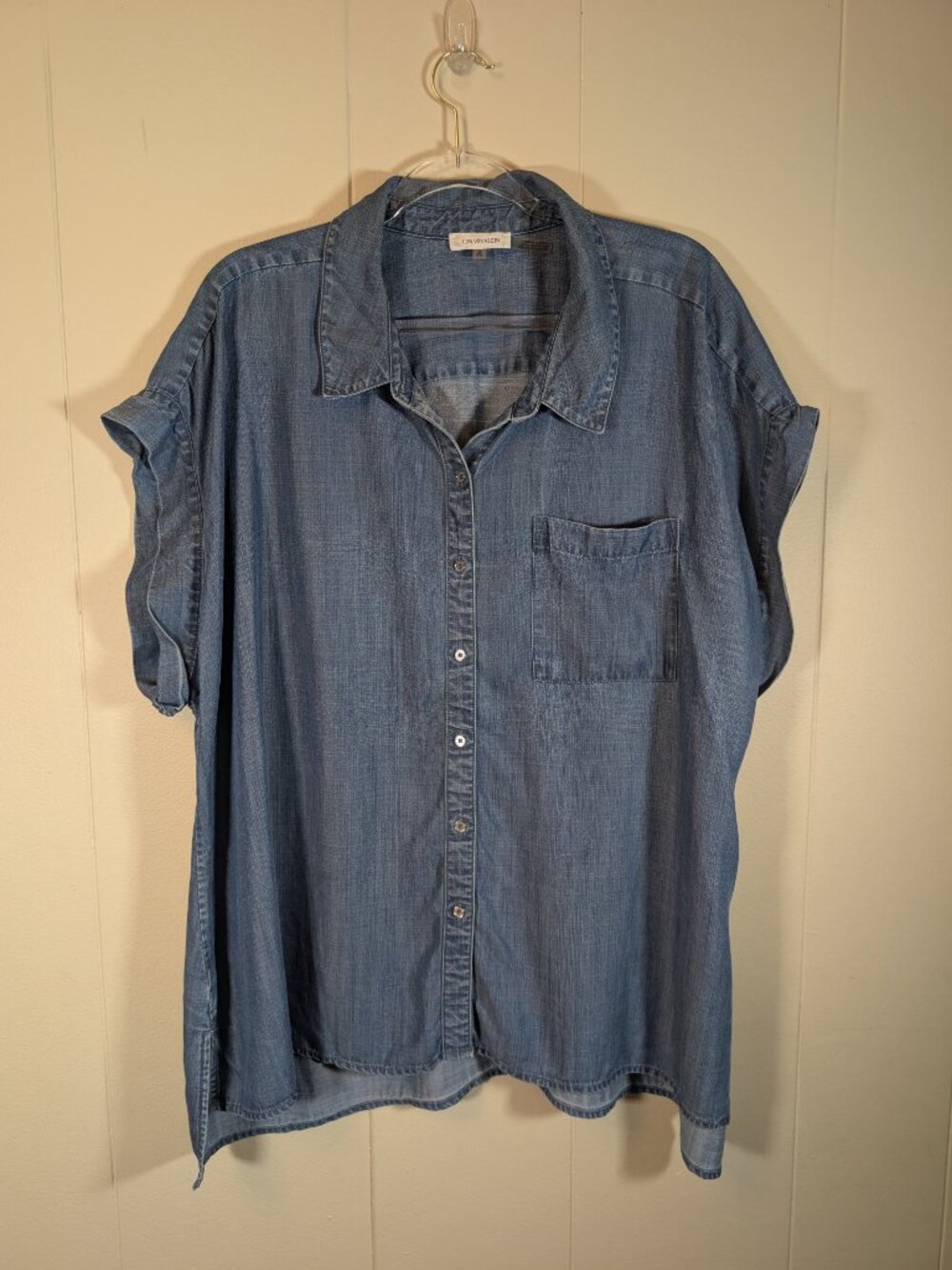 CALVIN KLEIN 1X Lyocell Chambray Shirt Oversized Button Down Dolman Blue